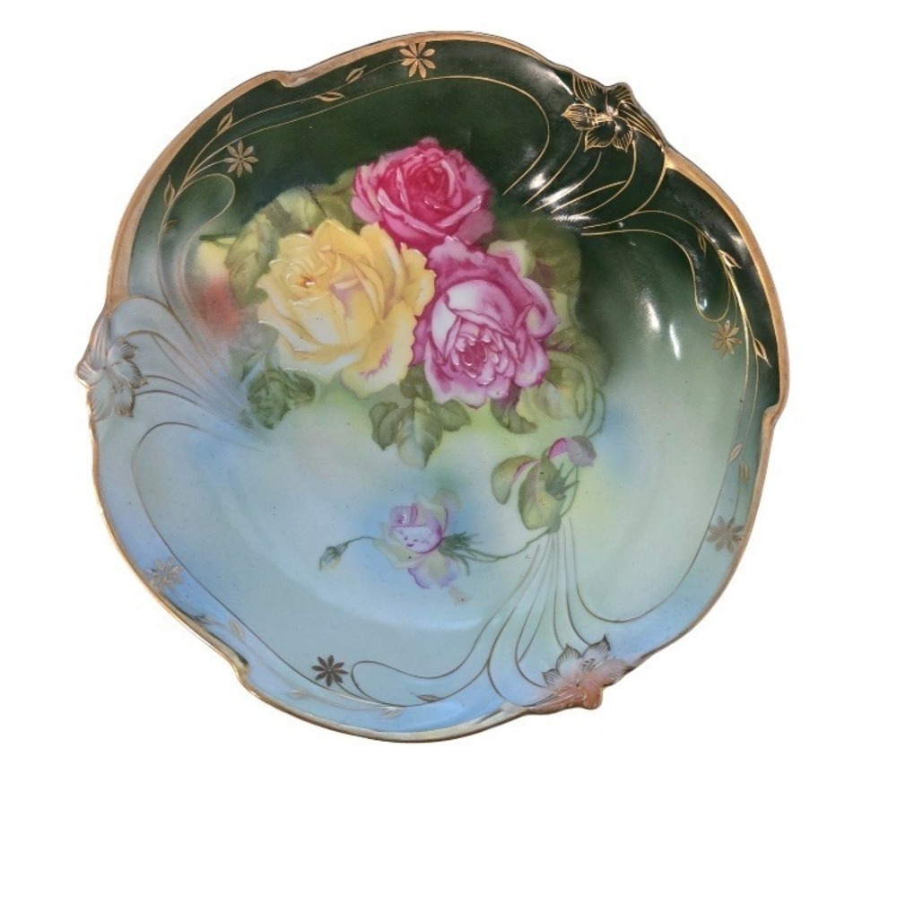 Antique Bavaria JPSV Serving Bowl Green‎ w/ Roses 10" Cottagecore Gilt Edge